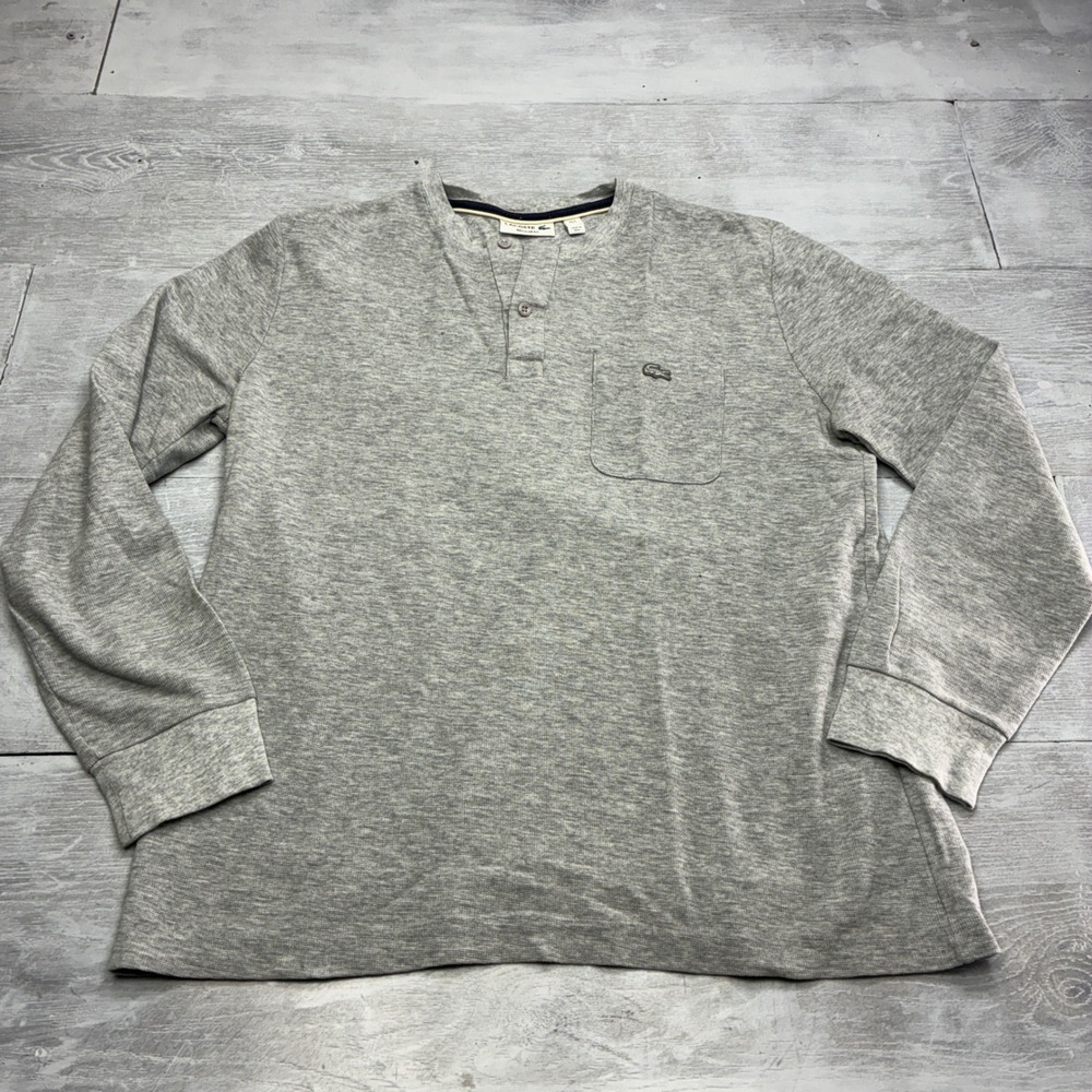 Lacoste Henley Shirt Mens Large Gray Long Sleeve Waffle Knit Pocket Regular Fit